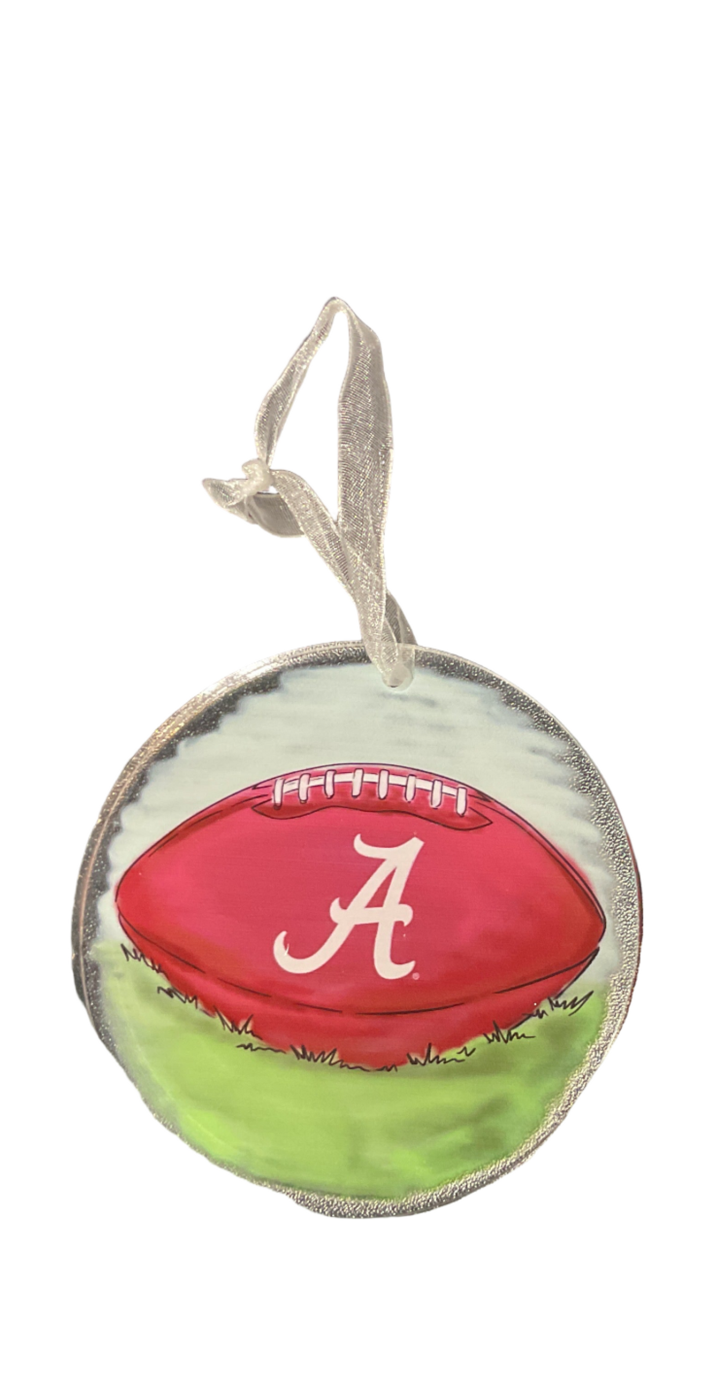 Decorative football ornament with a letter 'A' on a white background