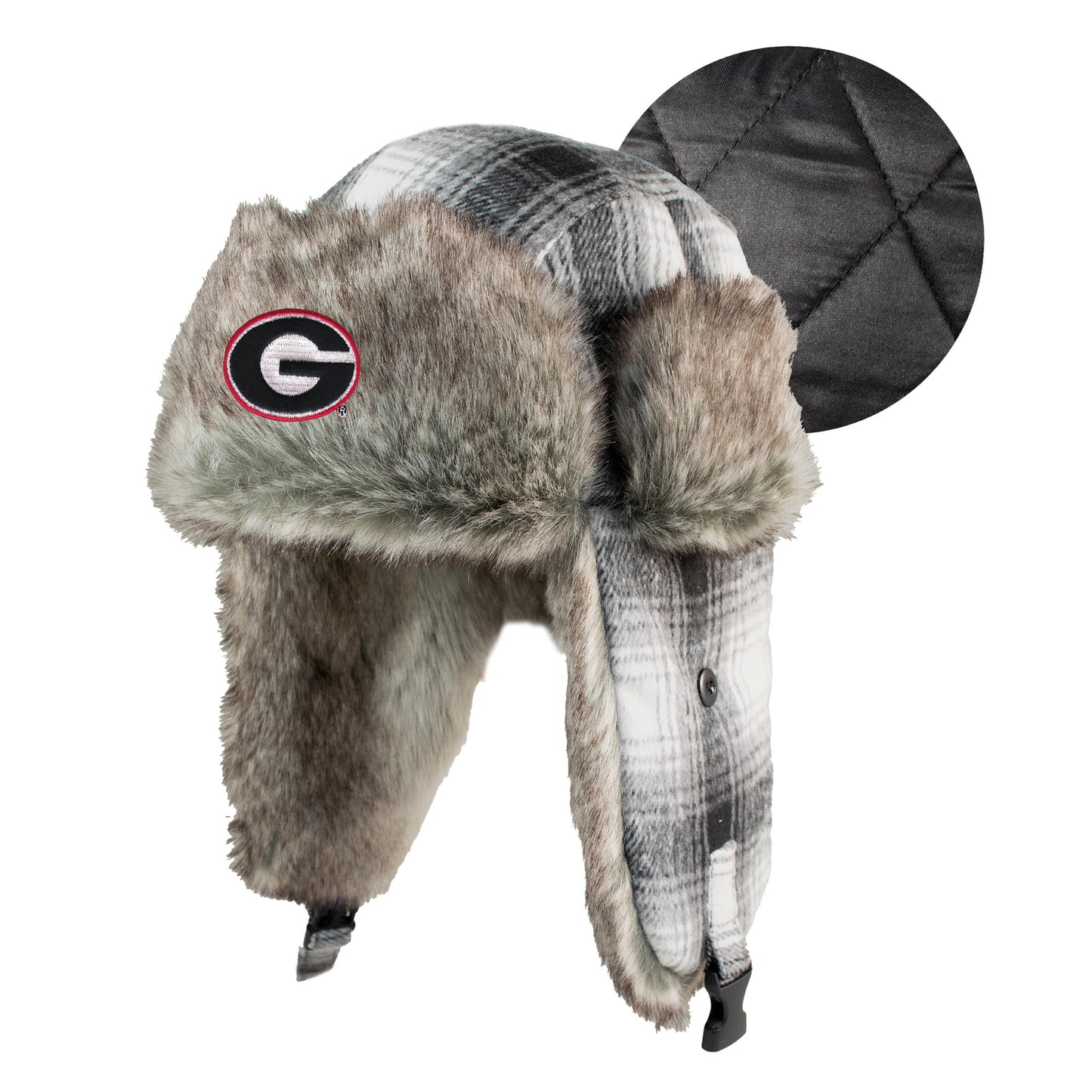 UGA Plaid Trapper Beanie with Faux Fur Lining