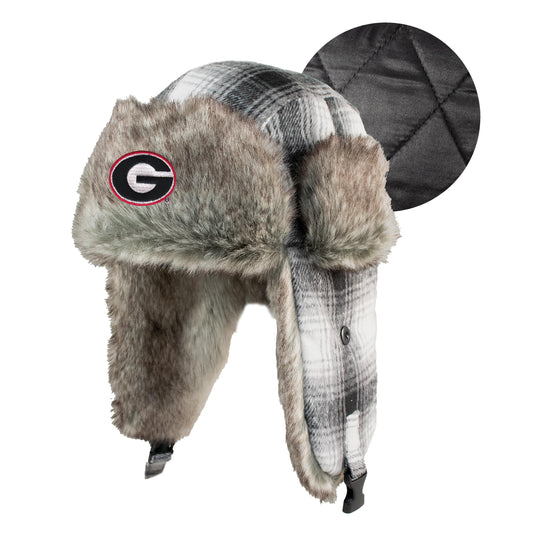 UGA Plaid Trapper Beanie with Faux Fur Lining