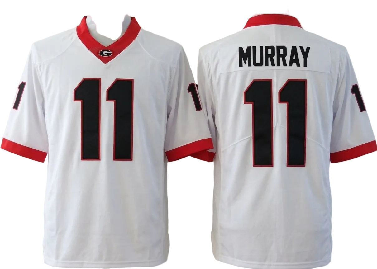 White Georgia Bulldogs football jerseys shown on mannequins, featuring the front and back views. The front displays the number 11 with red and black trim, and the back shows the name MURRAY above a large black number 11 with red trim.