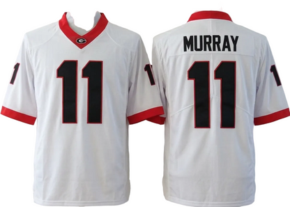 White Georgia Bulldogs football jerseys shown on mannequins, featuring the front and back views. The front displays the number 11 with red and black trim, and the back shows the name MURRAY above a large black number 11 with red trim.