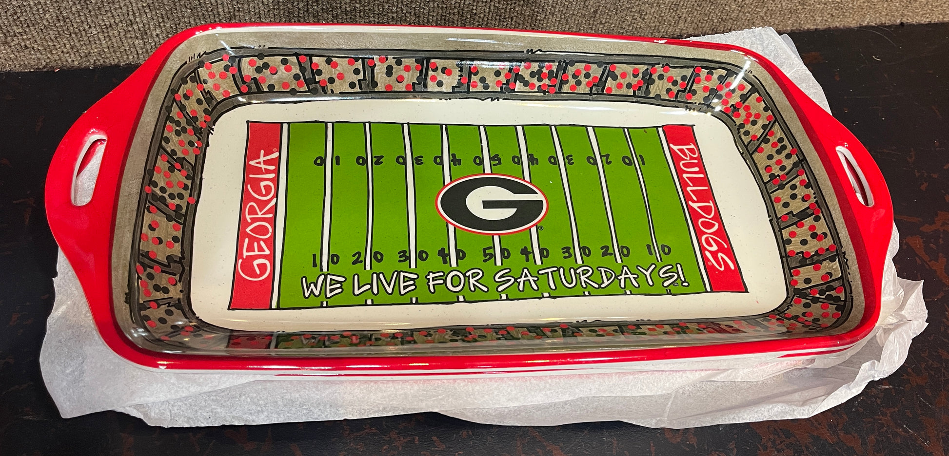 Georgia Bulldogs-themed tray with football field design and red border