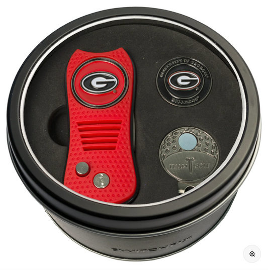 UGA Golf Switchblade Divot Tool + Cap Clip + Ball Marker Tin Gift Set
