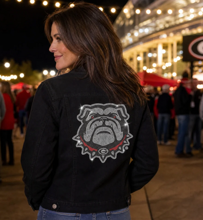 UGA Bulldog Women's Black Denim Jacket with New Dog Rhinestone