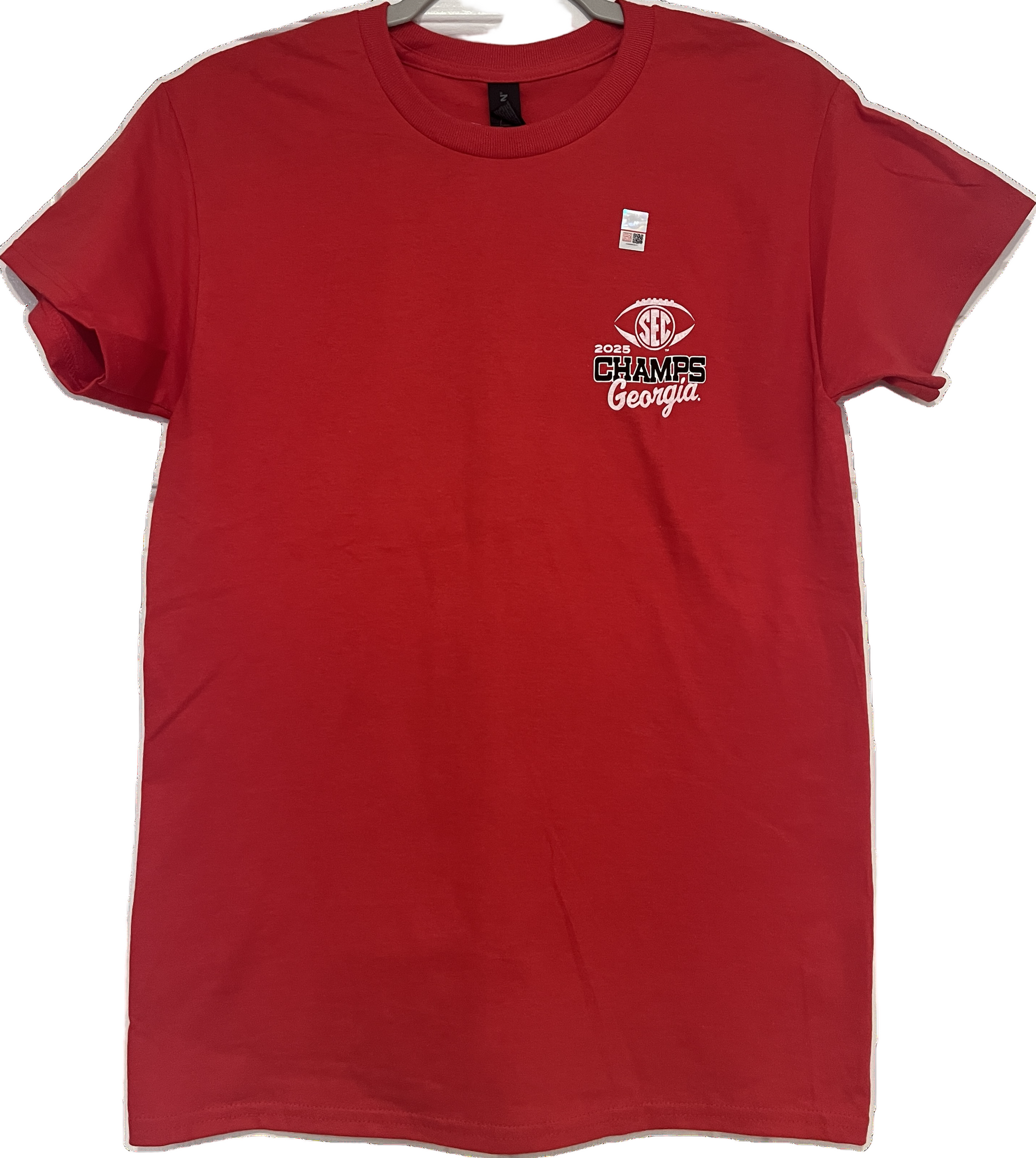 Red t-shirt with a logo and text on a white background