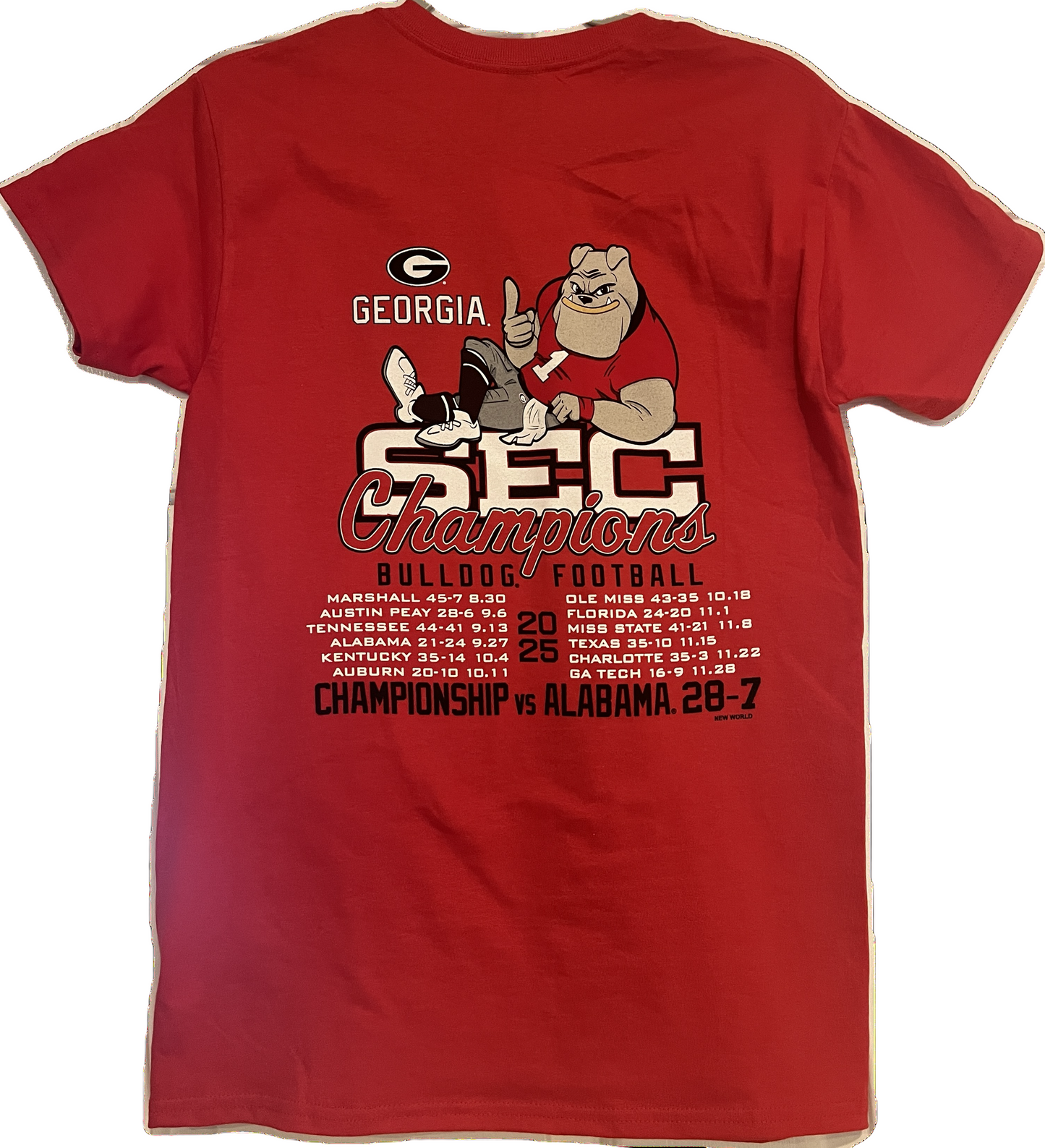 Red t-shirt with Georgia Bulldogs SEC Champions design on a white background