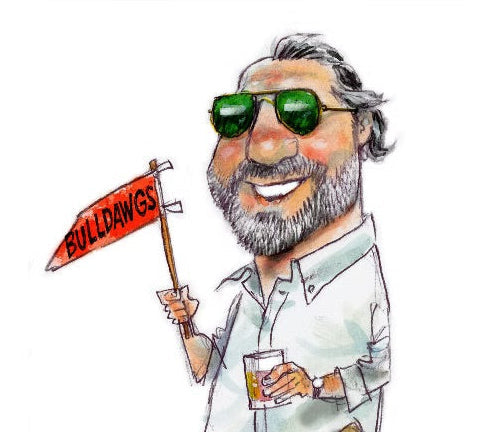 A hand-drawn caricature illustration of a smiling bearded man wearing green sunglasses, a white shirt, and tan shorts, holding a red flag that says 'BULLDOVES' and a drink. A bulldog stands beside him on a white background.